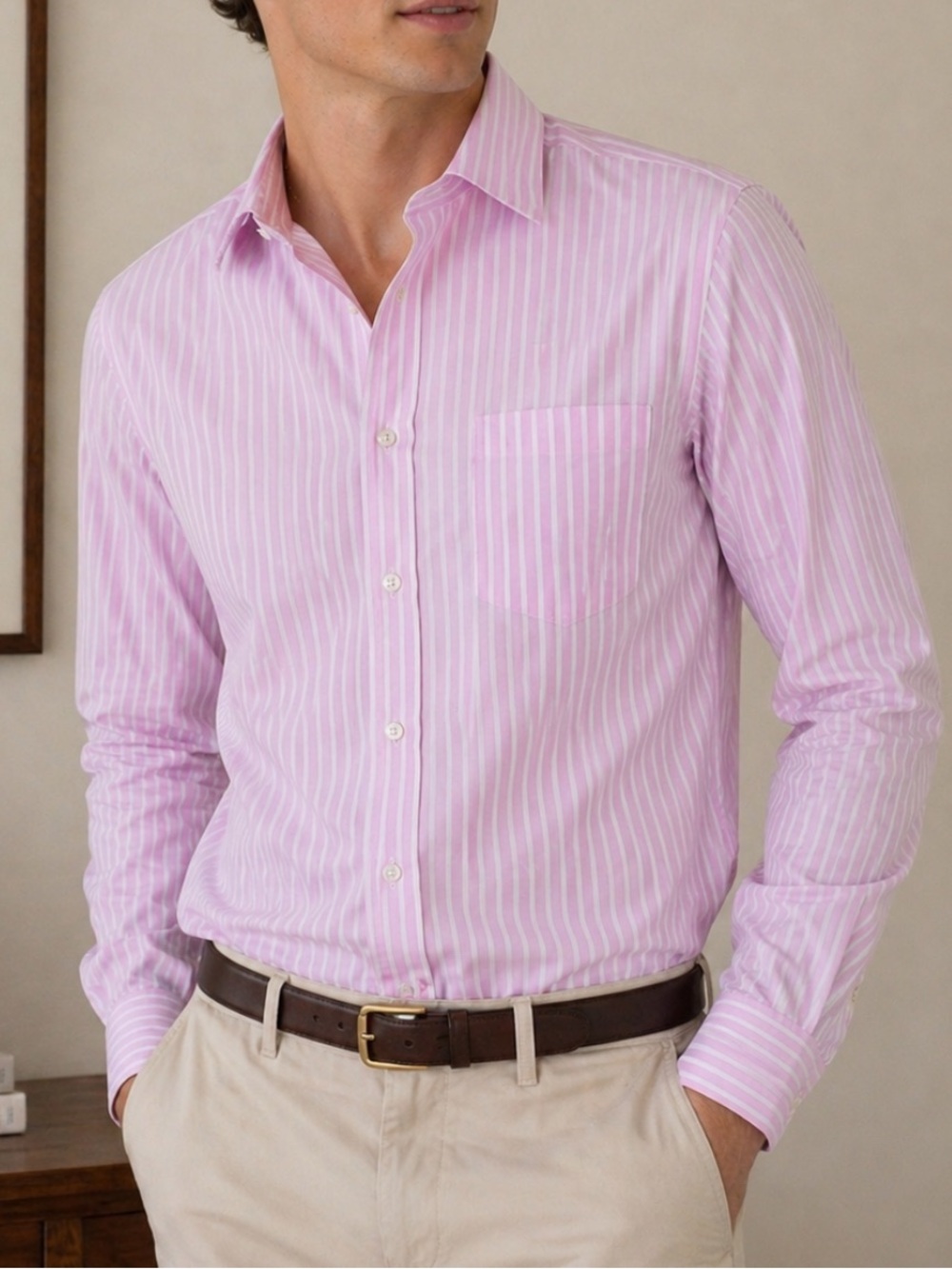 Lauren Ralph Lauren Men’s Striped Button Up Shirt 17 36/37 Classic Fit Pink